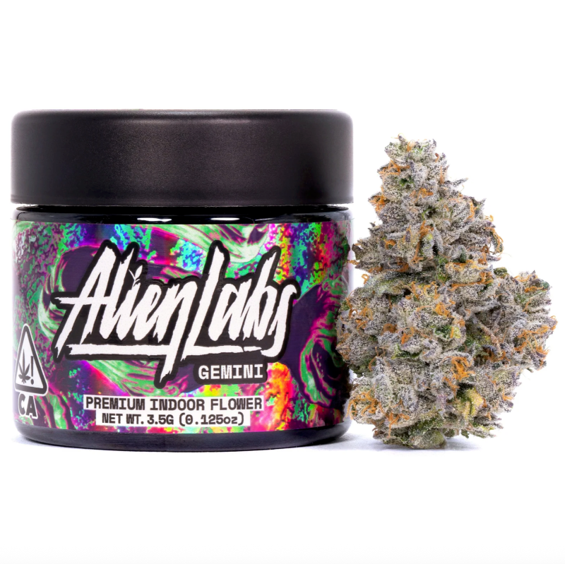 Jar of Alien Labs Gemini cannabis flower on a white background
