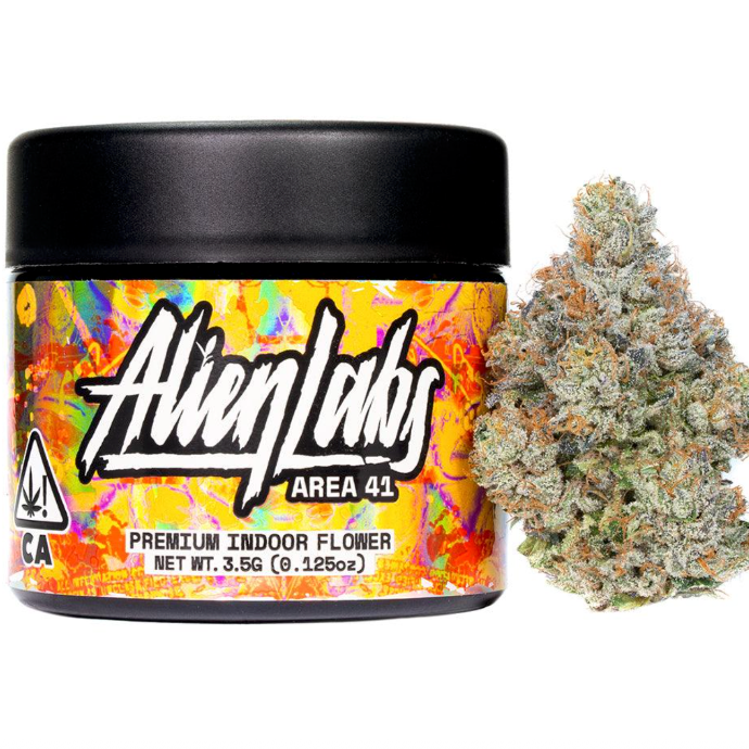 Jar of Alien Labs Area 41 premium indoor flower with a cannabis bud on a white background
