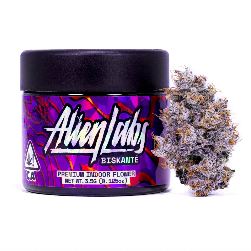 Jar of Alien Labs Biskante cannabis flower on a white background