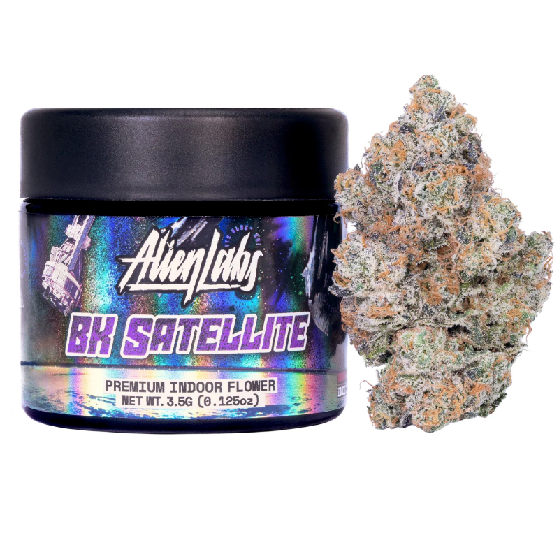 Jar of Alien Labs BH Satellite cannabis with a close-up of cannabis buds on a white background