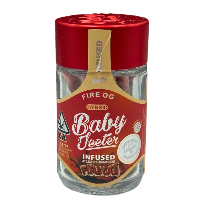 Baby Jeeter Liquid Diamond Prerolls 5pk Fire OG Hybrid – earthy citrus flavor infused prerolls with strong balanced effects