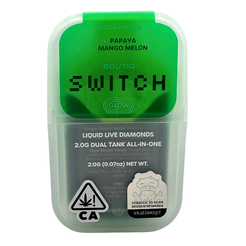 Green and clear container with 'Boutiq Switch' branding on a white background Papaya Mango Melon Vape