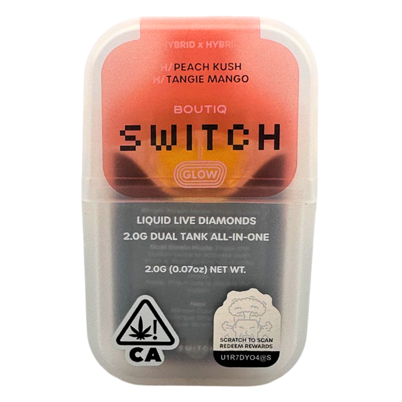 Boutiq Switch vape device packaging with peach Kush and Tangle Mango flavor on a white background