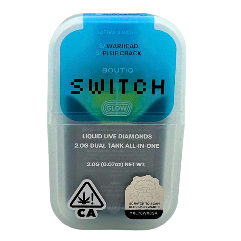 Vape device packaging with 'Boutiq Switch' branding on a white background warhead blue crack
