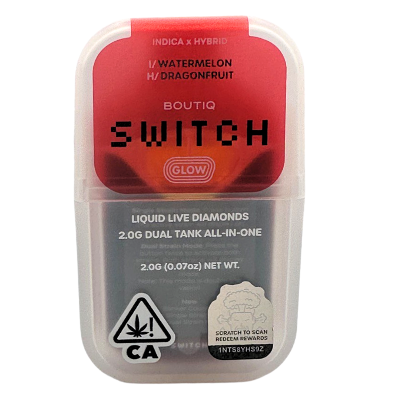 Boutiq Switch vape device packaging with red top and clear bottom on a white background