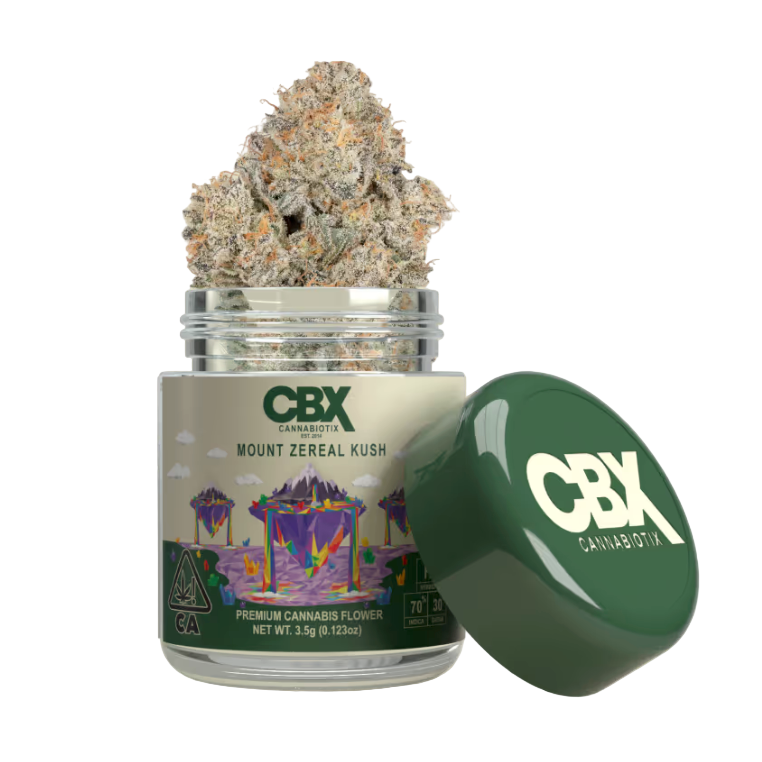 Jar of CBX Mount Zereal Kush cannabis with visible cannabis buds on a beige background