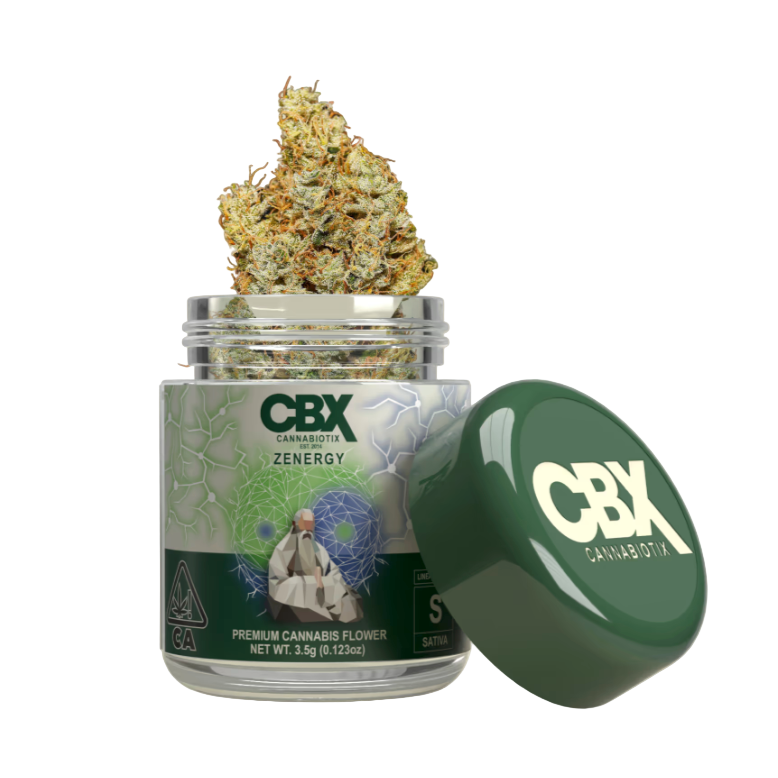 Open jar of CBX Cannabis with cannabis flowers on a beige background
