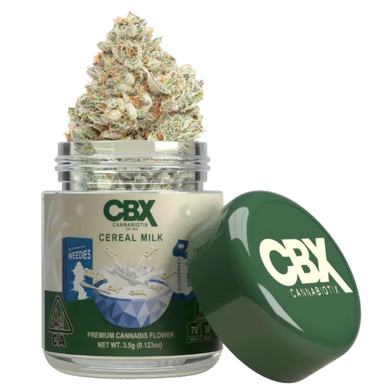 Jar of CBX Cannabis with cannabis flower on a white background