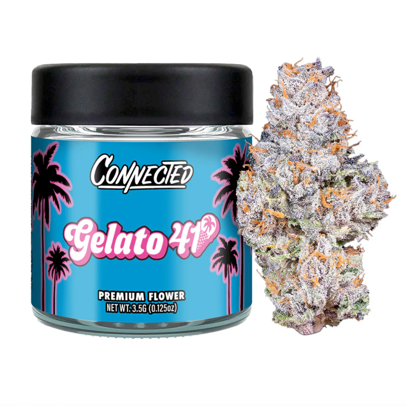 Jar of 'Connected Gelato 41' cannabis flower with a close-up of the cannabis bud on a white background.