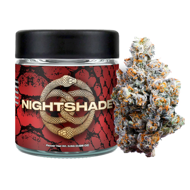 Jar labeled 'Nightshade' with a large cannabis bud on a white background