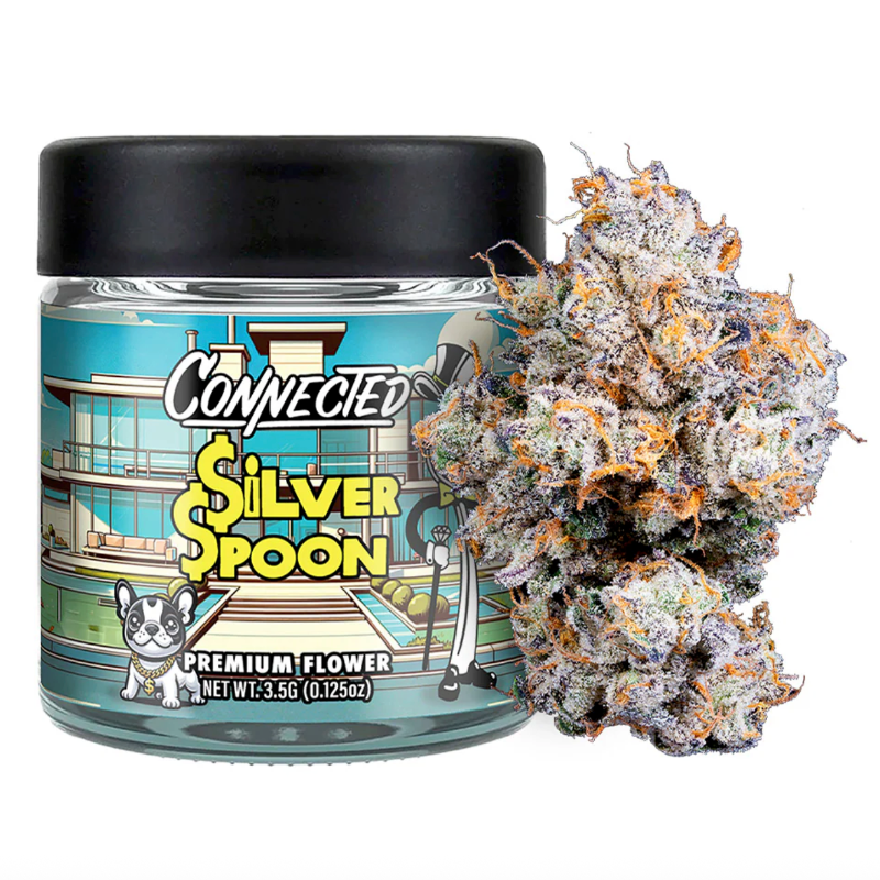 Jar of 'Silver Spoon' cannabis flower with a colorful label on a white background