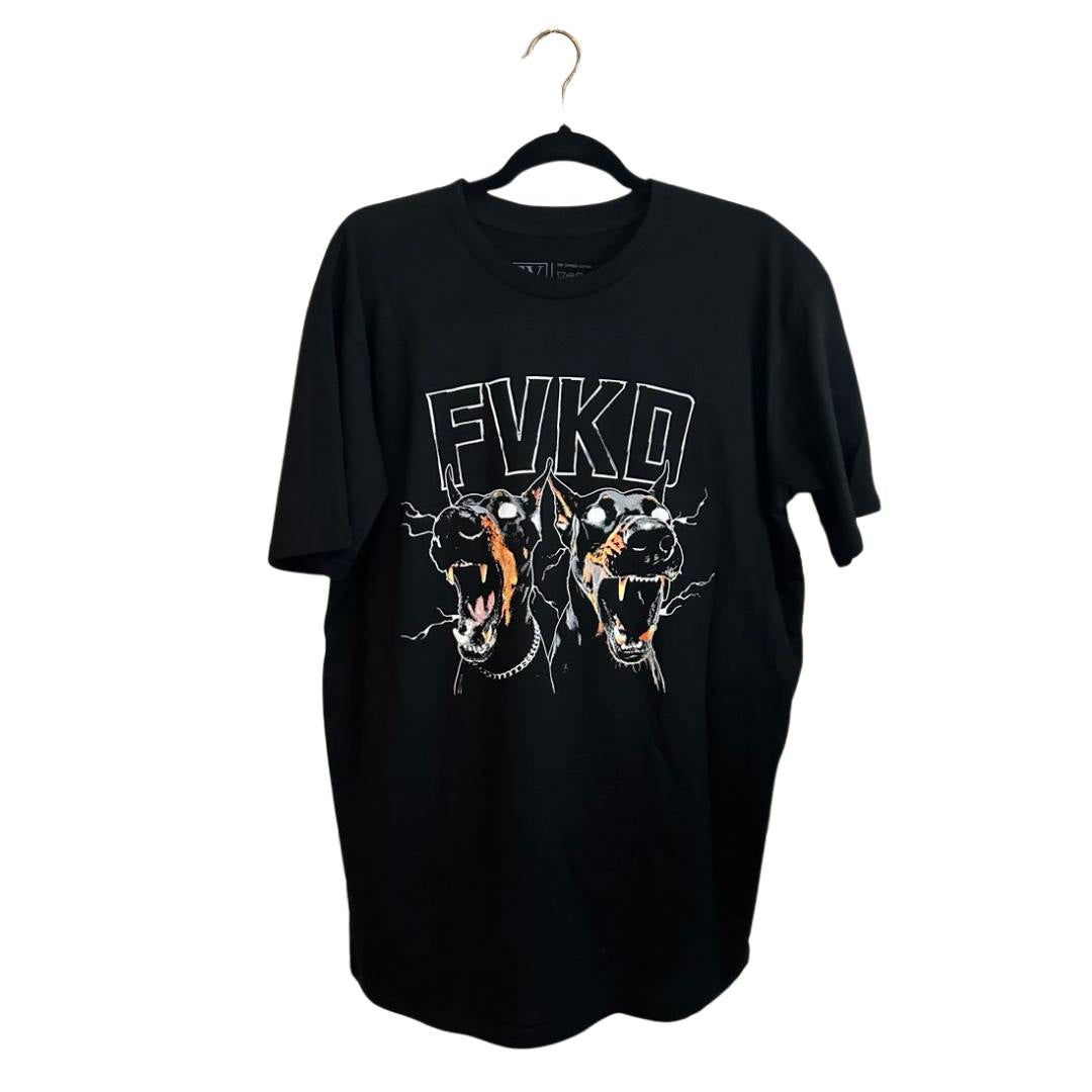 FVKD black t-shirt featuring aggressive Doberman dog graphic with bold streetwear logo, edgy urban fashion design.
