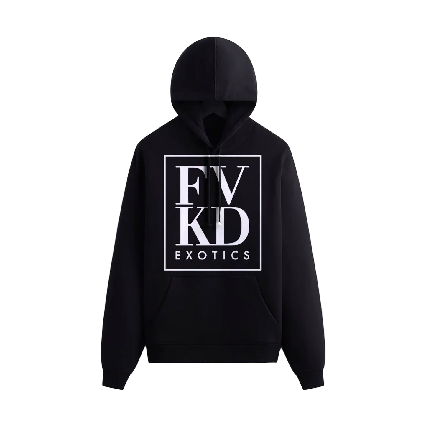 FVKD Exotics black hoodie featuring bold white box logo design, modern streetwear apparel displayed on hanger against minimalist gray wall.
