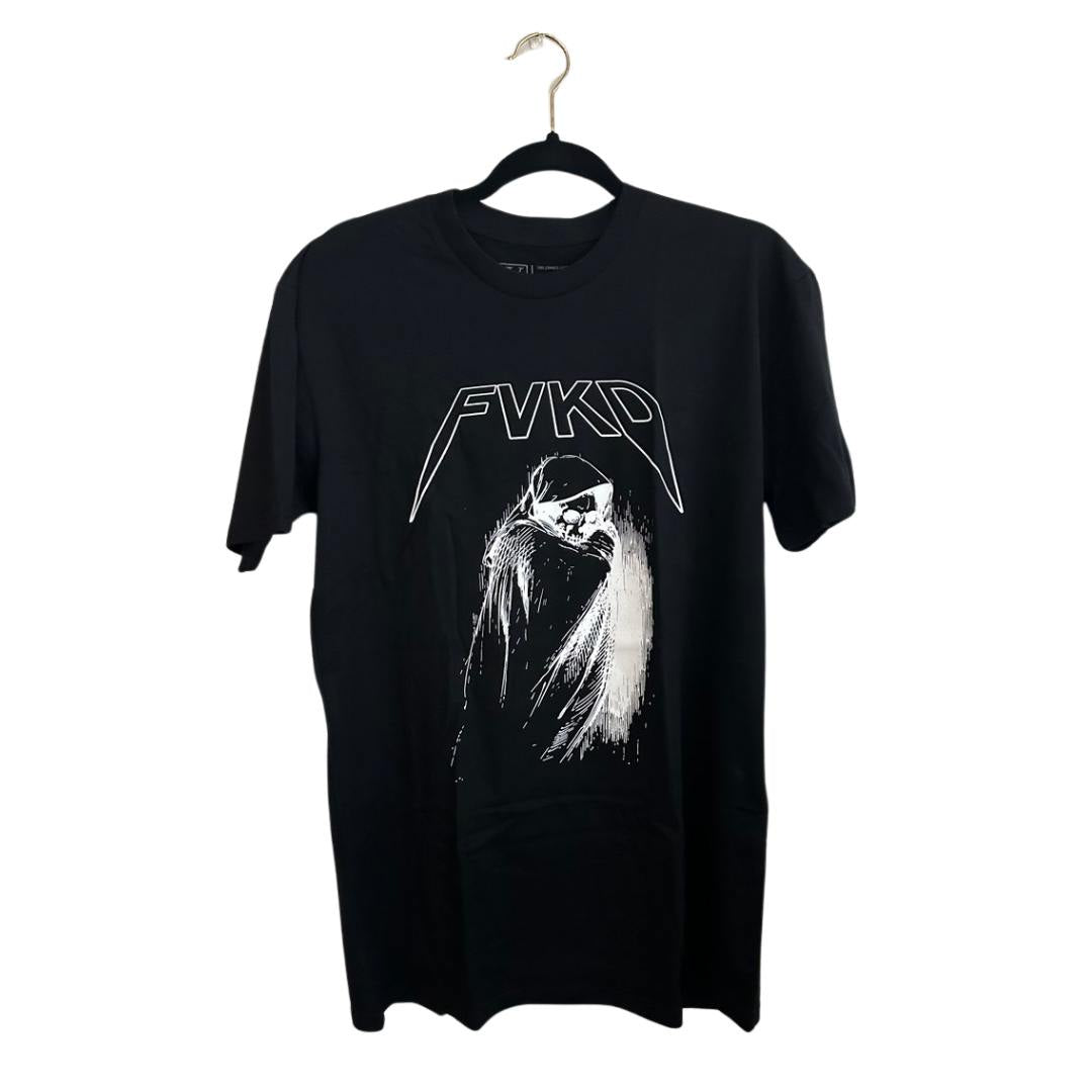 FVKD black t-shirt featuring grim reaper graphic with bold gothic logo, edgy streetwear style for alternative fashion lovers.