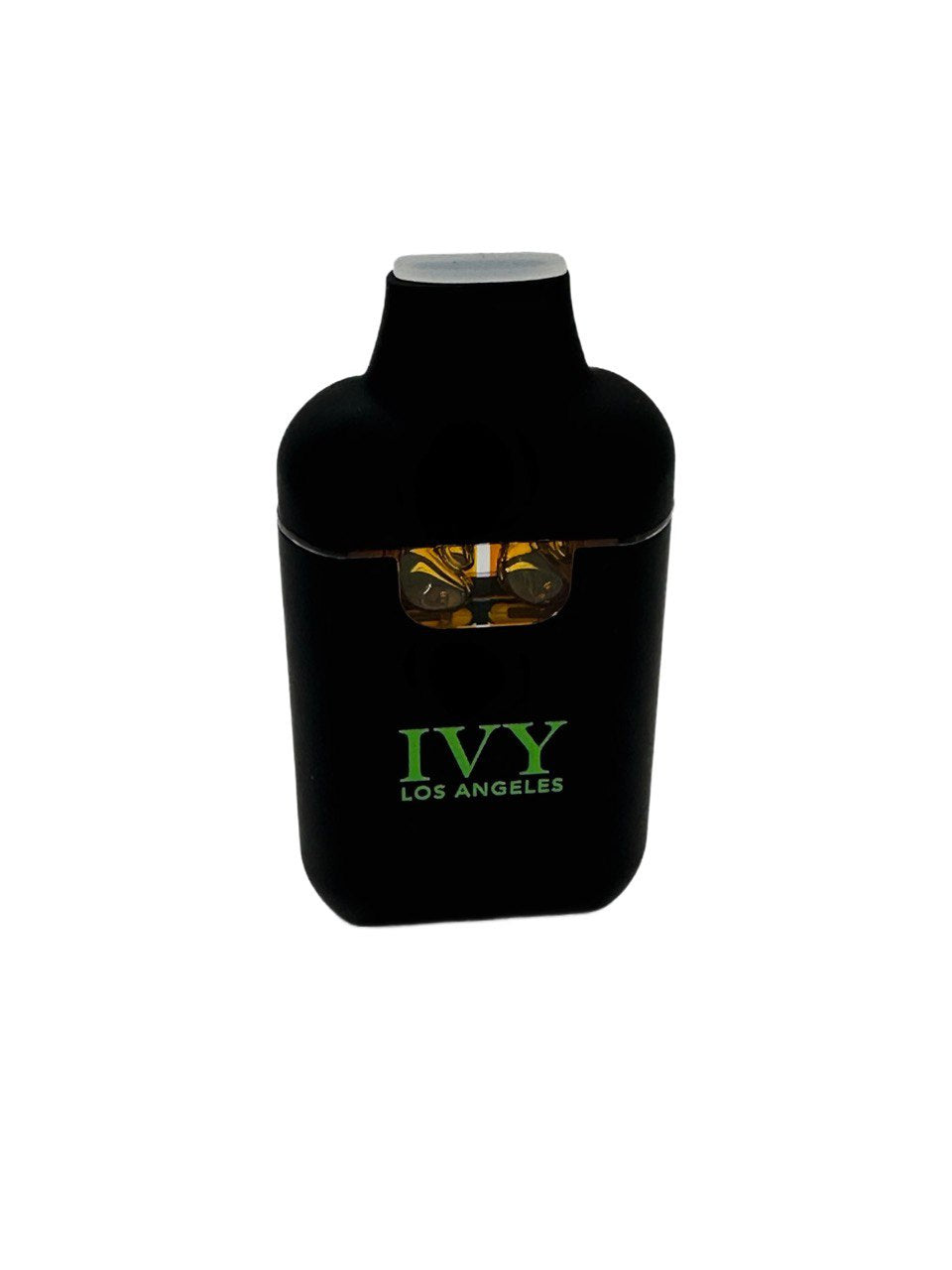 Ivy Dual Tank Disposable 2g – sleek black cannabis vape device with visible oil chamber and green Ivy Los Angeles branding.