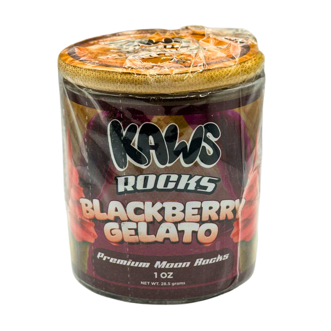 Jar of Kaws Rocks Blackberry Gelato on a white background