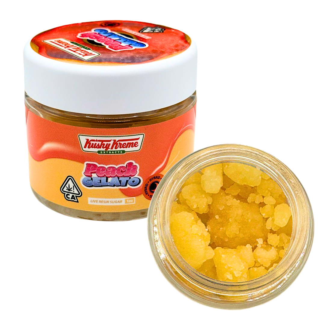 Jar of Kush Kreme Peach Gelato with visible cannabis indica symbol on a white background