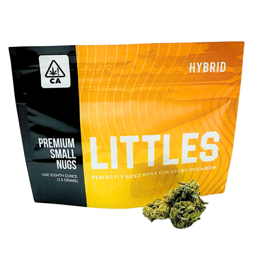 Littles Hybrid 3.5g Premium Small Nugs – California cannabis flower eighth with perfectly sized buds in resealable orange and black pouch.