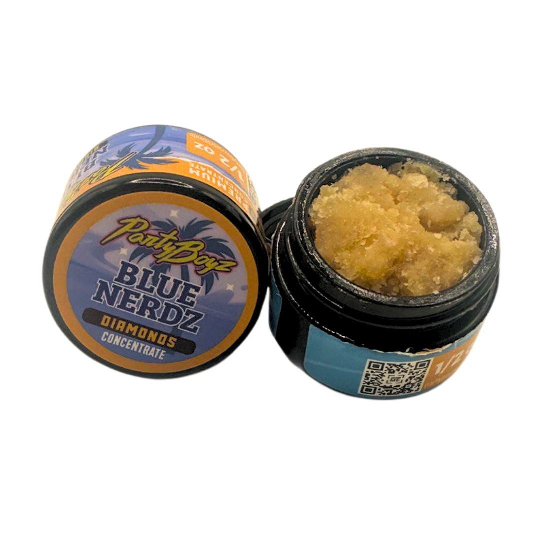 Party Boyz Blue Nerdz Diamonds Concentrate 14g – premium cannabis extract in open jar with golden crystalline texture.