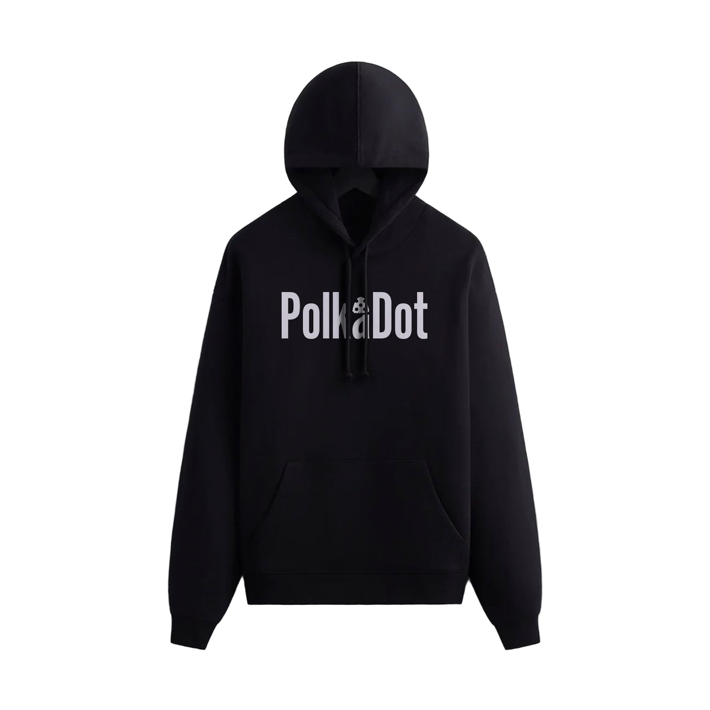 PolkaDot black hoodie with minimalist gray logo text, unisex streetwear sweatshirt displayed on hanger against neutral background.