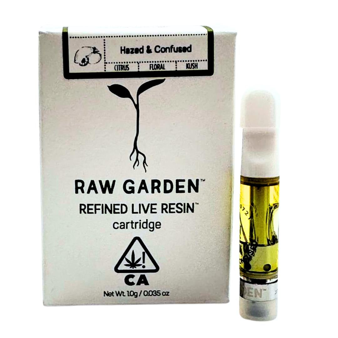 Raw Garden Refined Live Resin vape cartridge 1g – Hazed & Confused strain with citrus, floral, and kush notes, premium California cannabis oil in sleek packaging.