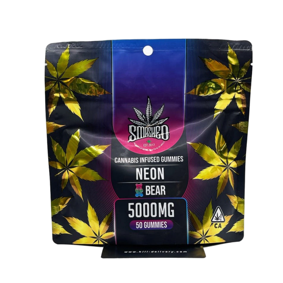 Smashed Neon Bear cannabis-infused gummies 5000mg – 50-count edible pack with bold black and gold leaf design, premium THC gummies from Hiii Smoke Shop.