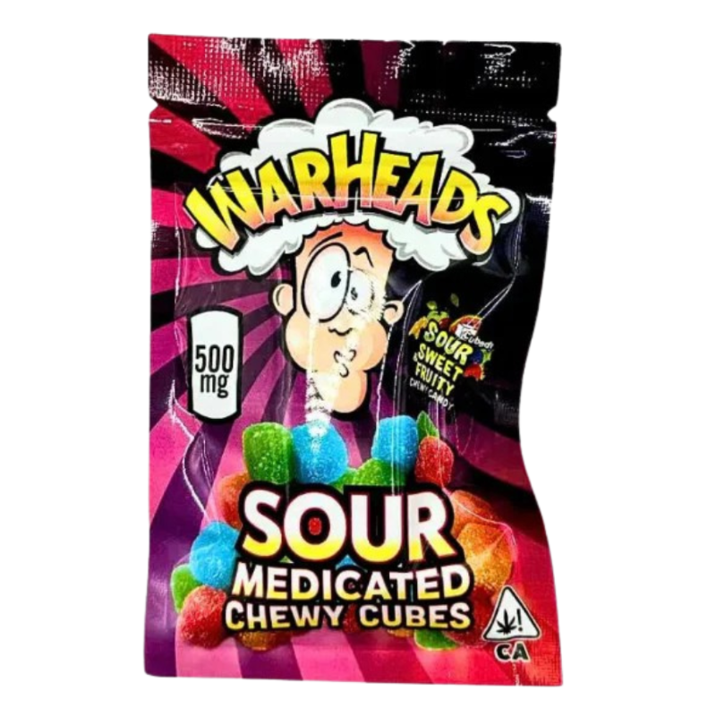 Warheads Sour Medicated Chewy Cubes packaging with colorful design and cartoon character.