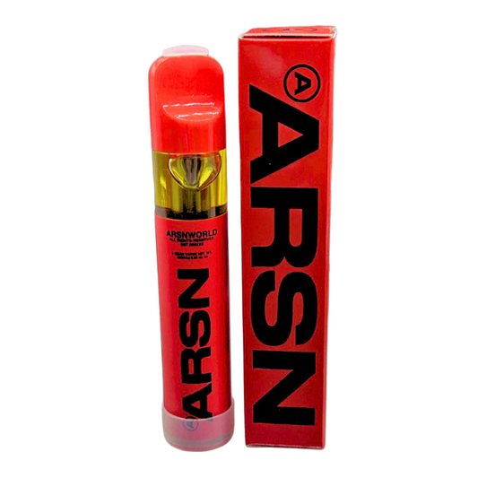 Red ARSN vape pen with packaging on a white background