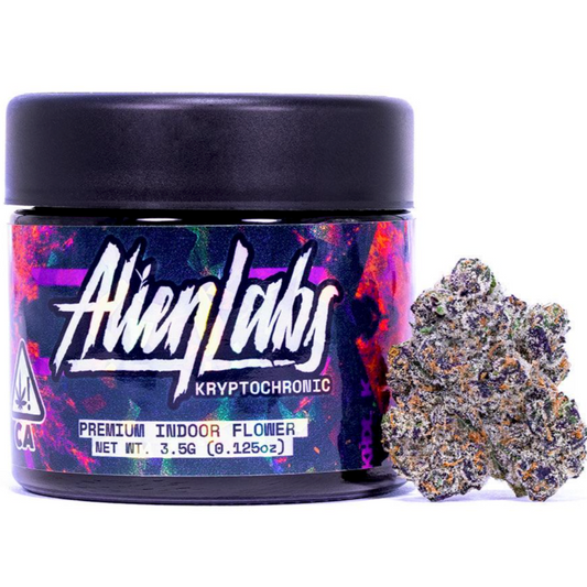 Alien Labs Kryptochronic 3.5g Premium Indoor Flower jar with dense, frosty cannabis bud – high-quality exotic strain with vibrant purple hues and trichomes, ideal for connoisseur smokers.