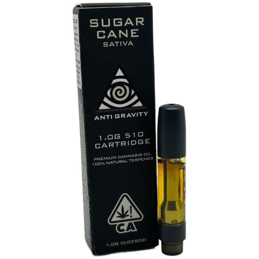 Anti Gravity Sugar Cane Sativa 1g 510 vape cartridge – premium cannabis oil with 100% natural terpenes in sleek black packaging.