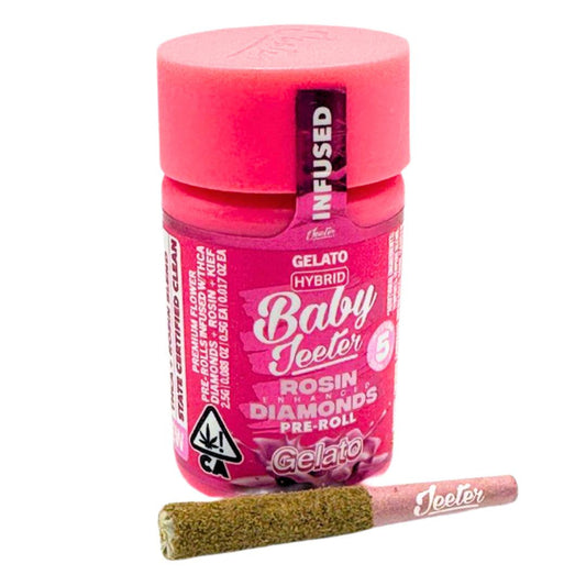 Baby Jeeter Rosin + Diamonds Gelato Hybrid Pre-Roll 5-Pack – premium infused cannabis joints with high-potency flower, rosin, and THC diamonds in a pink container.