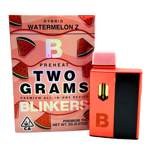 Blinkers All-In-One THC Vape – 2g Hybrid Watermelon Z flavor, premium preheat disposable cannabis vape pen with packaging.