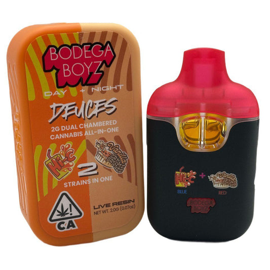 Bodega Boyz Deuces 2g Dual-Chambered Live Resin Disposable Vape – Two cannabis strains in one device with vibrant packaging.