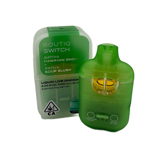 Boutiq Switch Dual Tank 2g vape – Sativa Hawaiian Snow and Sour Slush liquid live diamond disposable vaporizer with green all-in-one design.