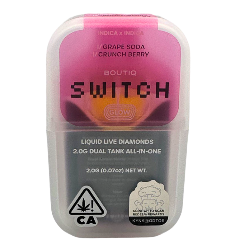 Boutiq Switch vape device packaging with pink and gray design on a white background grape soda crunch berry 