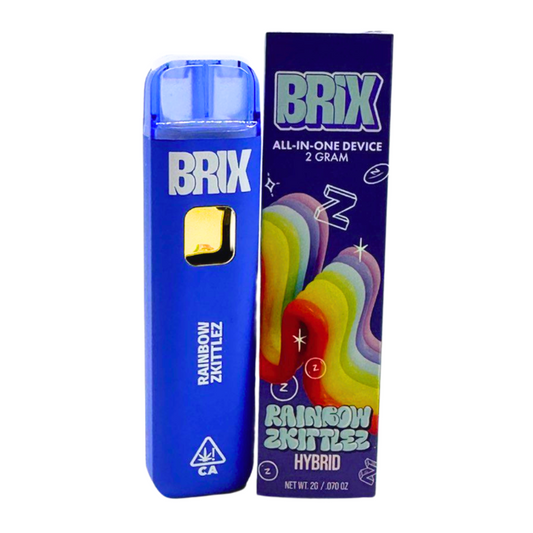 BRIX Rainbow Zkittlez Hybrid 2g all-in-one cannabis vape device – vibrant blue disposable vape with matching packaging, featuring bold rainbow graphics and strain labeling.