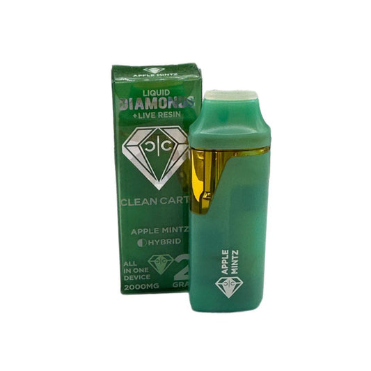 Green vape device with Diamond Clean Cartridge packaging on a white background