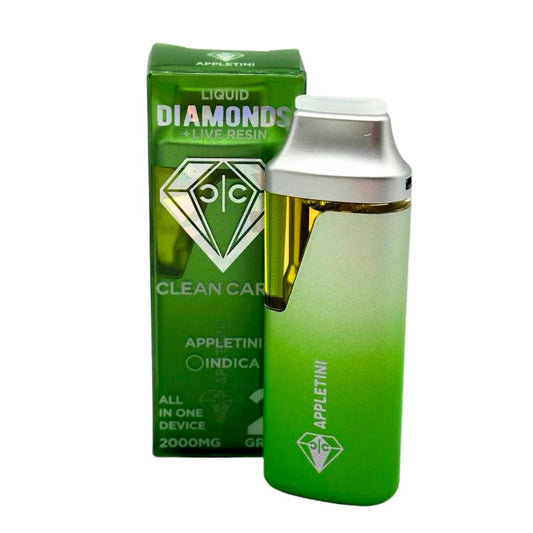 Clean Carts Appletini 2g disposable vape with liquid diamonds and live resin – premium indica cannabis vape device in green packaging