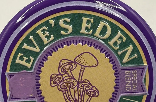 Eve's Eden Special Blend Mushroom Capsules 4g – premium psychedelic supplement label with illustrated mushrooms and vibrant packaging.