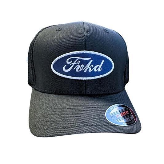 FVKD black snapback hat with blue and white embroidered logo patch, parody design inspired by classic automotive branding.