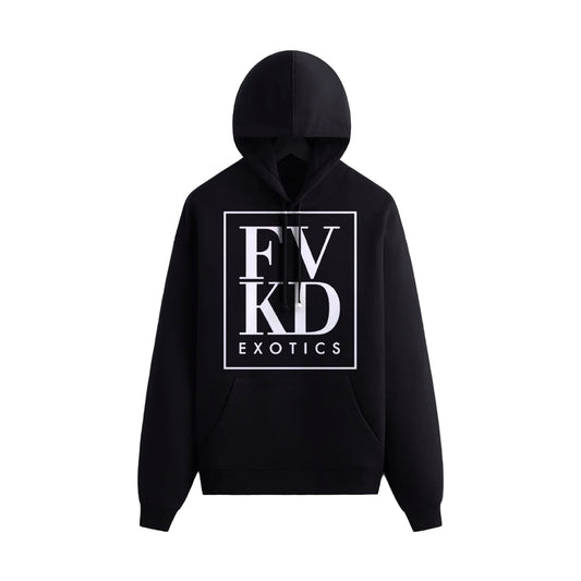 FVKD Exotics black hoodie featuring bold white box logo design, modern streetwear apparel displayed on hanger against minimalist gray wall.