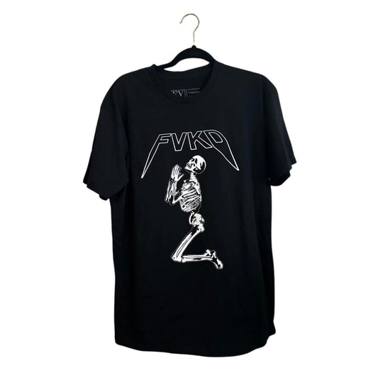 FVKD black graphic t-shirt featuring a white praying skeleton design and bold metal-style logo, streetwear fashion tee.