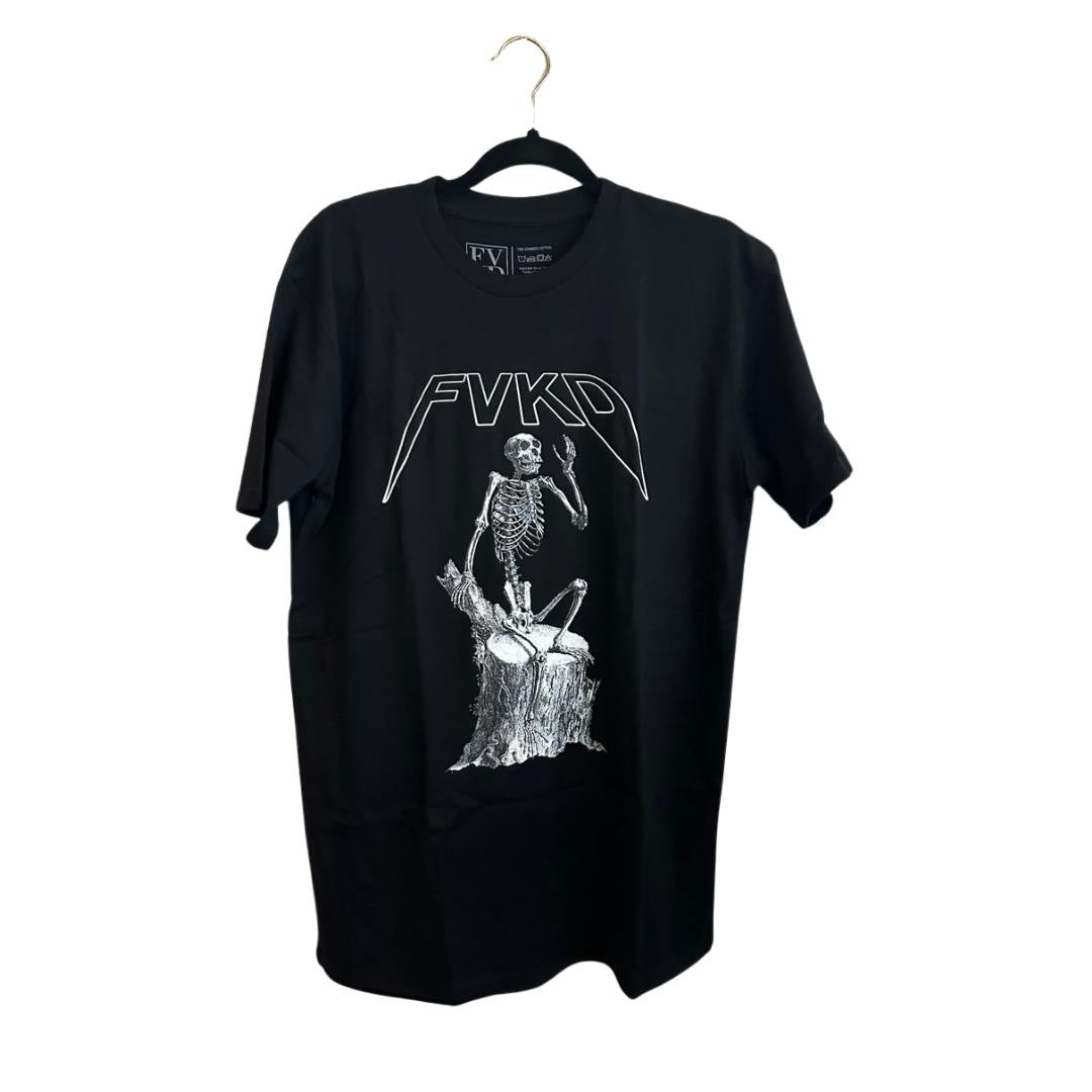 FVKD black t-shirt with white graphic of skeleton sitting on tree stump and waving, edgy streetwear fashion design.