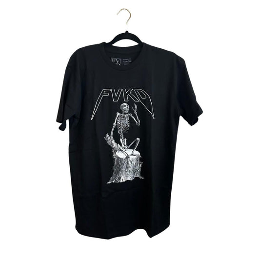 FVKD black t-shirt with white graphic of skeleton sitting on tree stump and waving, edgy streetwear fashion design.