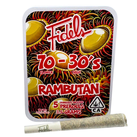 Fiddle's Rambutan cannabis product packaging with a pre-rolled joint on a white background