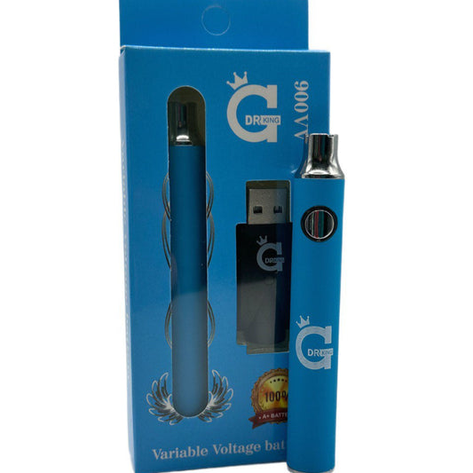 DR King G 510 thread vape battery in blue with USB charger – variable voltage vape pen compatible with 510 cartridges.