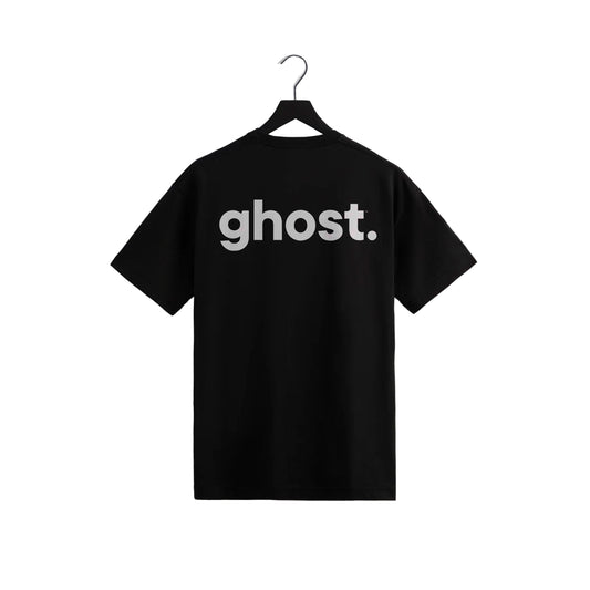 Ghost black t-shirt with bold gray 'ghost.' text on back, minimalist streetwear style displayed on hanger against light gray background.