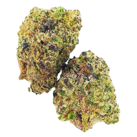 Guava by the Unit 3.5g THCA flower – premium cannabis buds with deep purple, green, and orange colors covered in frosty trichomes.