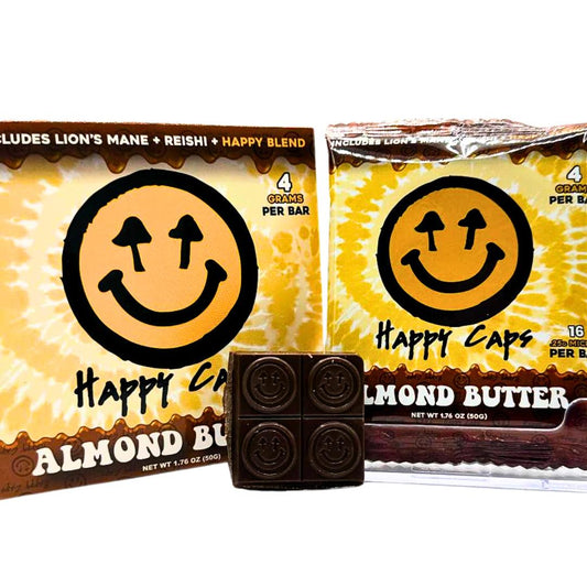 Happy Caps Almond Butter chocolate bar with 4 grams per bar, infused with Lion’s Mane, Reishi, and Happy Blend, featuring psychedelic smiley face branding and individually marked chocolate squares.
