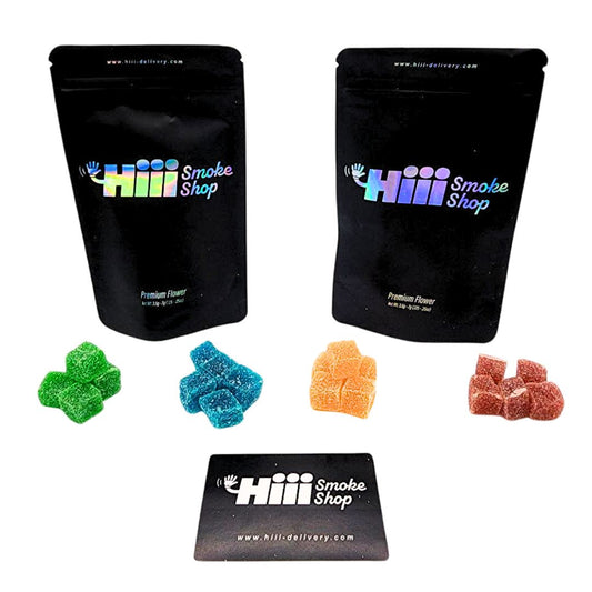 Hiii Smoke Shop assorted THC gummies 2500mg pack – 25-piece premium cannabis edibles with colorful flavors in black resealable pouches.